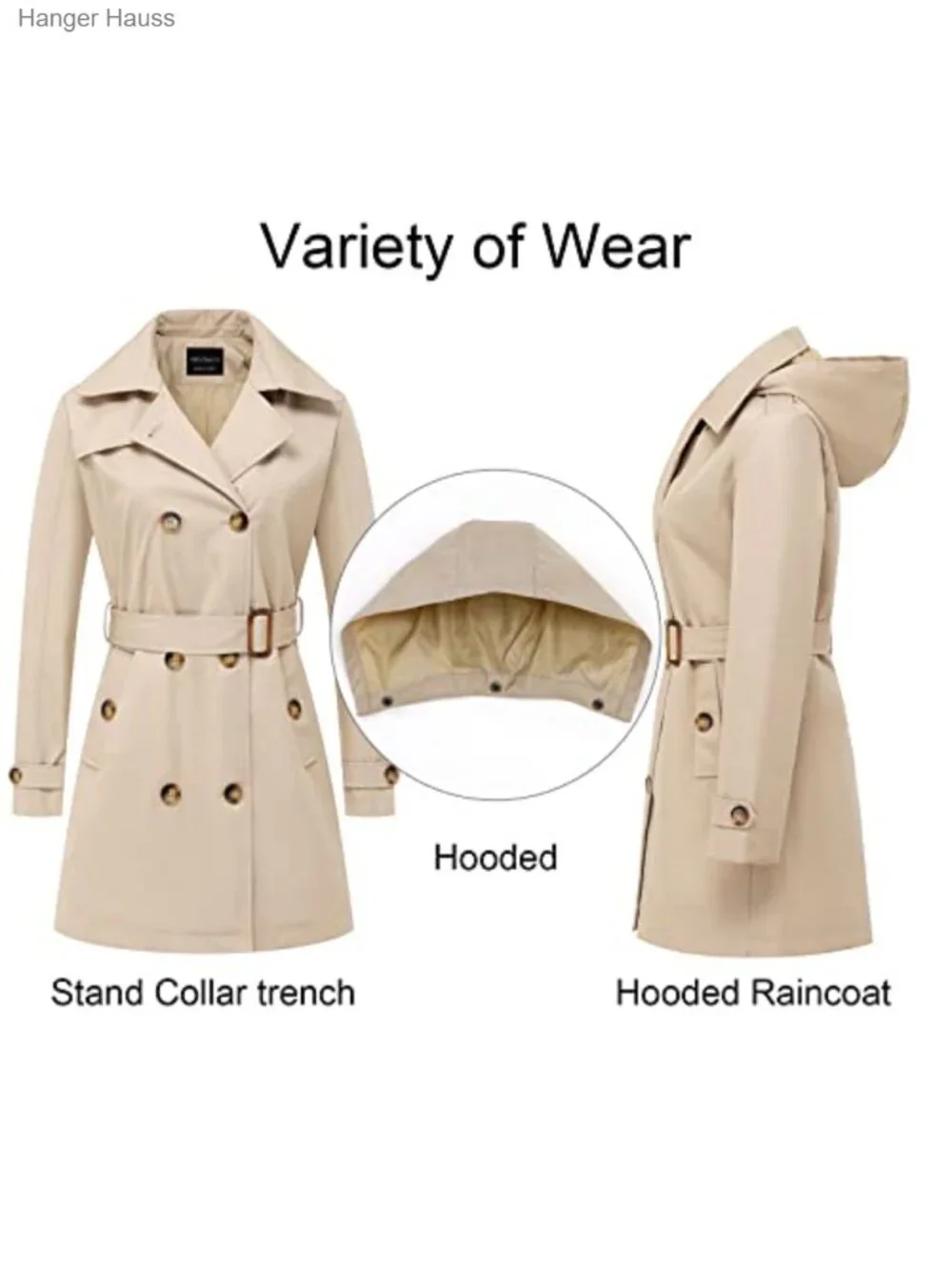 Double-Breasted Trench Coat Detachable Hood Belted Water-Resistant Windproof